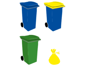 différentes poubelles : verte, bleue, bleue avec un couvercle jaune