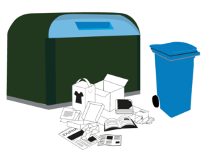 poubelle bleue et conteneur bleu avec des déchets papiers