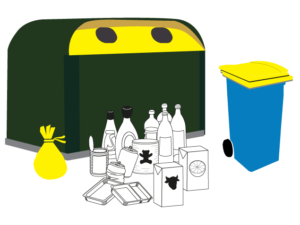 conteneur et poubelle jaune avec déchets plastiques